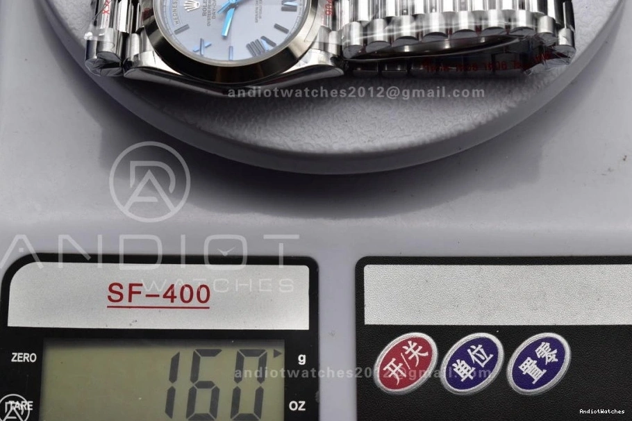 On President Steel Trendsetting Bracelet 40 A3255 GMF 703 V Dial Weighted Markers Tungsten Roman DayDate 904L Blue 0826